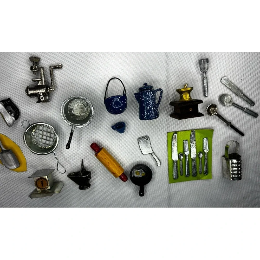 25 Dollhouse Miniature Kitchen Baking Pans, Silverware, Iron, Grinder, Utensils